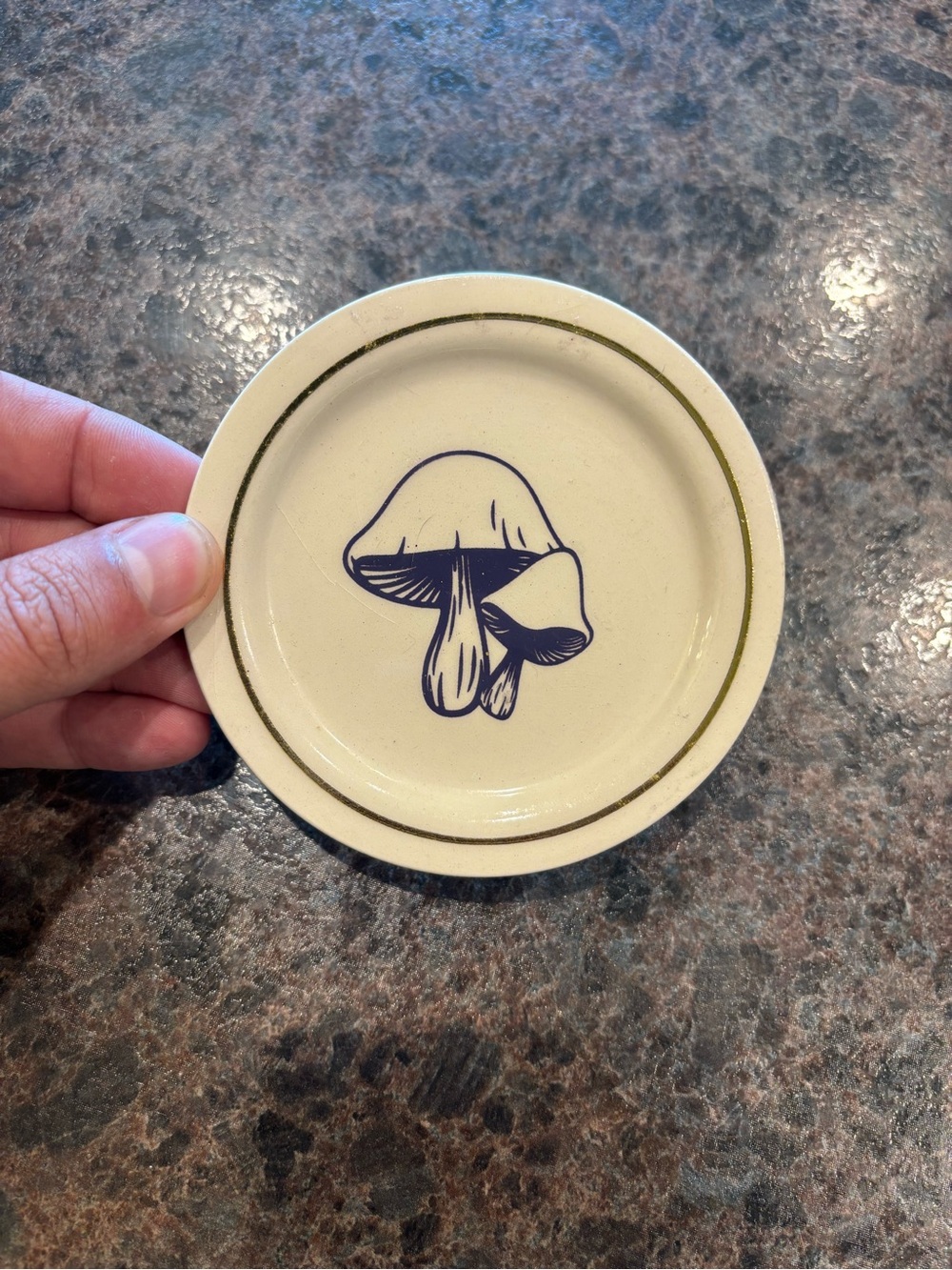 Cream Ceramic Mushroom Trinket Dish with Navy Graphic